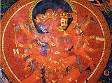 Tibet Guge 09 Tsaparang Demchog Temple 04 Vag Dakini Chakrasamvara Along the left wall is the cycle of Demchog (Skt. Chakrasamvara), with five dakinis each holding Demchog in tantric yab-yum, with the far one being the red-skinned Vag Dakini. His two main arms embrace Vag Dakini, one with a vajra, the other a lotus. Vag Dakini�s left hand circle Chakrasamvara�s neck while her right holds a lotus. In his right hands he holds a vajra lasso, a hatchet, a drum, a trident and a chopper. His left hands hold a vajra lasso, a skull full of blood, a noose, the heads of Brahma, and a khatvanga. Photo - Weyer/Aschoff: Tsaparang, Tibets Grosses Geheimnis,